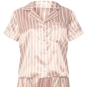 New! Nude And White Stripe Satin Short PJ Set